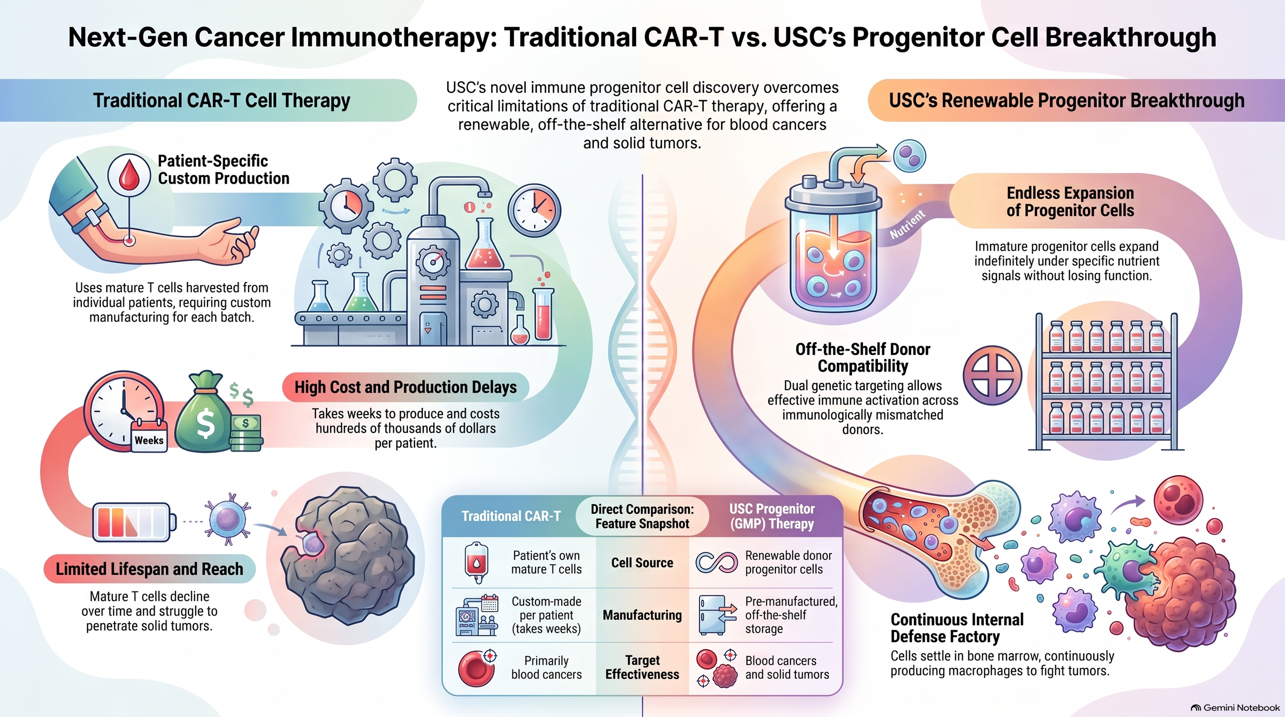 Researchers at the University of Southern California have achieved a major breakthrough in cancer treatment by discovering a method to generate a continuous, renewable supply of immature immune cells. By utilizing specific nutrients, the team successfully expanded granulocyte-macrophage progenitors and genetically engineered them with specialized targeting receptors and immune-activating signals.